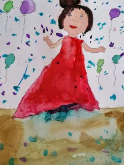 Ein mit Aquarellfarben gemaltes Mädchen mit rotem Kleid