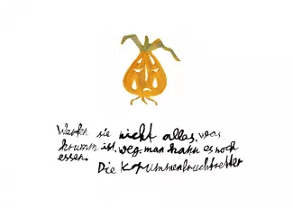 Postkartenmotiv einer Zwiebel mit Bildunterschrift