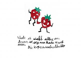 Postkartenmotiv mit zwei Erdbeeren mit Bildunterschrift