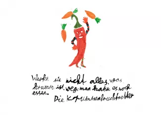 Postkartenmotiv einer jonglierenden Möhre mit Bildunterschrift