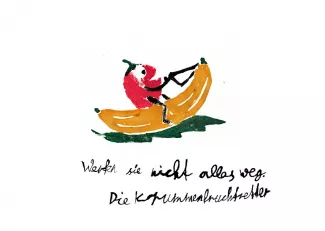 Postkartenmotiv einer Banane mit Bildunterschrift